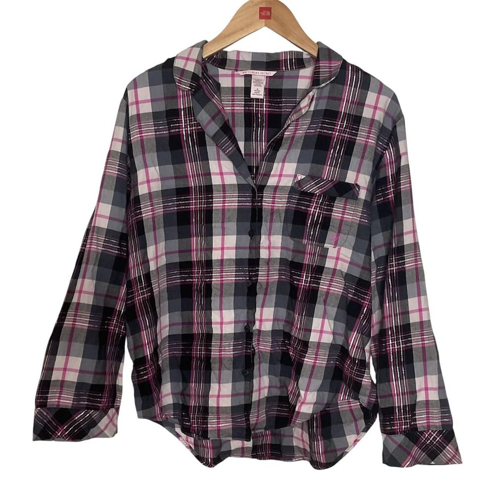 Victoria's Secret Pink Black Plaid Button-Up Pajama Top Size Medium